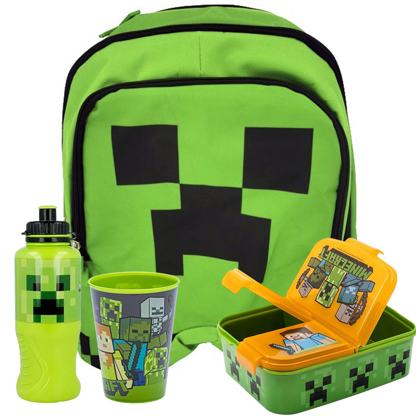 Pack Mochila Escolar Minecraft Creeper + Porta Sandwich + Botella + Vaso