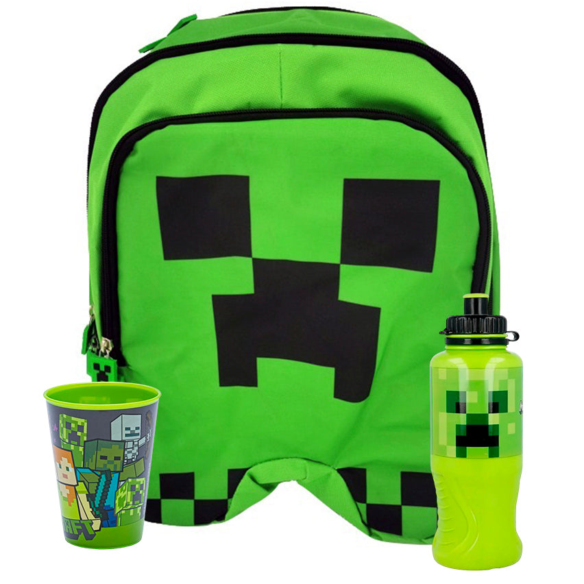 Pack Mochila Escolar Minecraft Creeper + Botella + Vaso