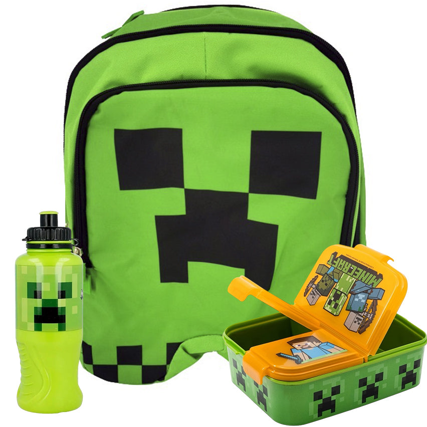 Pack Mochila Escolar Minecraft Creeper + Porta Sandwich + Botella