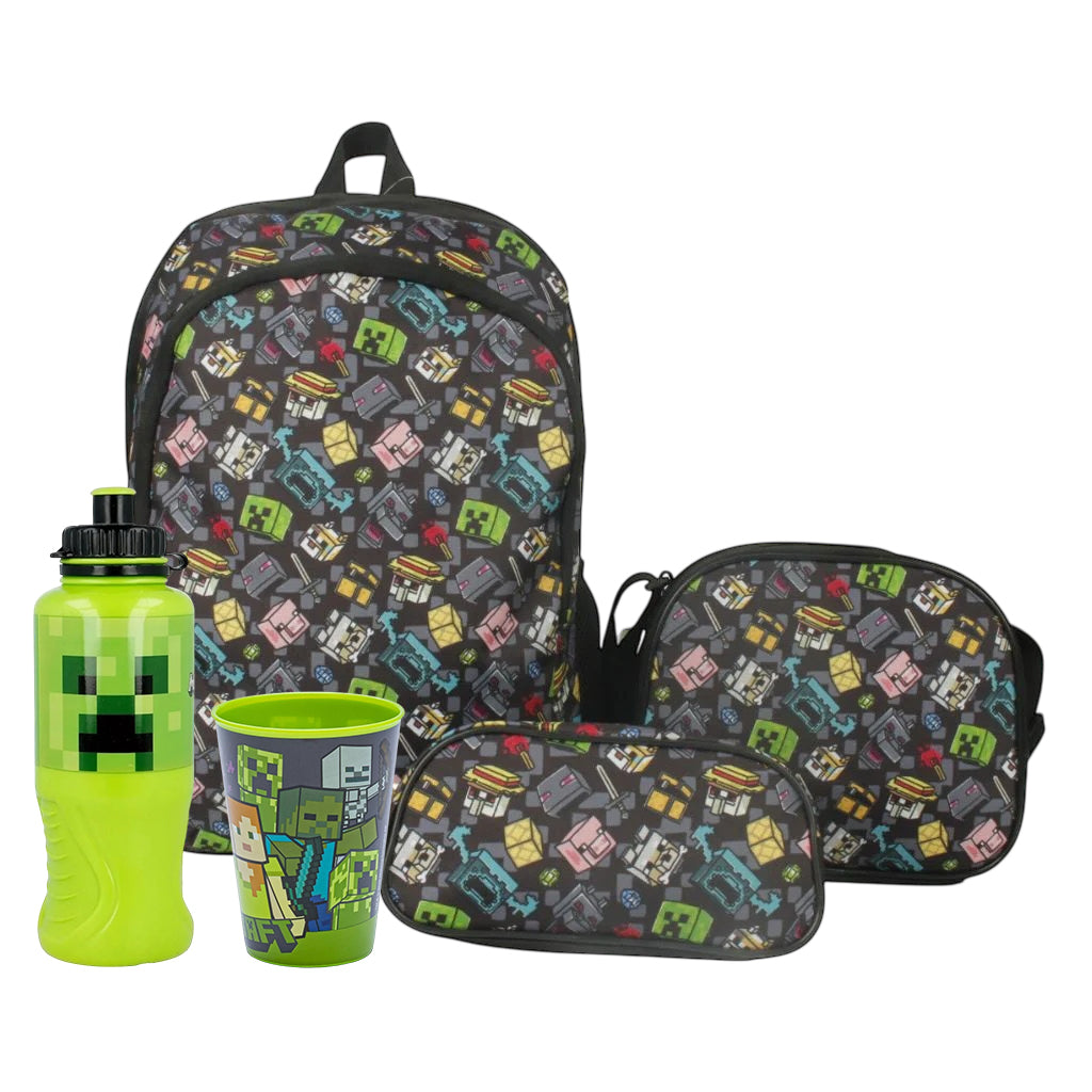 Pack Mochila Escolar Minecraft + Botella + Vaso