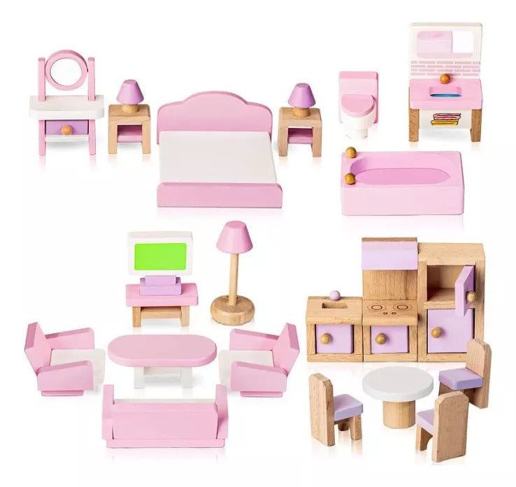 Set completo de Muebles de Madera para Casa de Muñecas