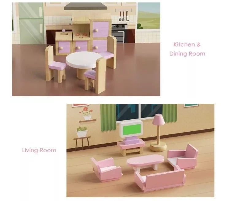 Set completo de Muebles de Madera para Casa de Muñecas